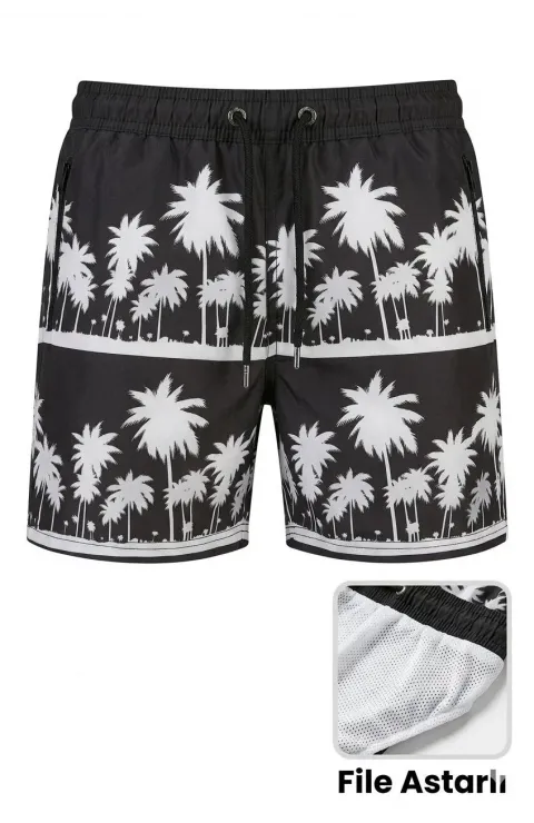 Erkek Deniz Şortu Fermuarlı Cepli File Astarlı Hızlı Kuruyan Premium - Siyah