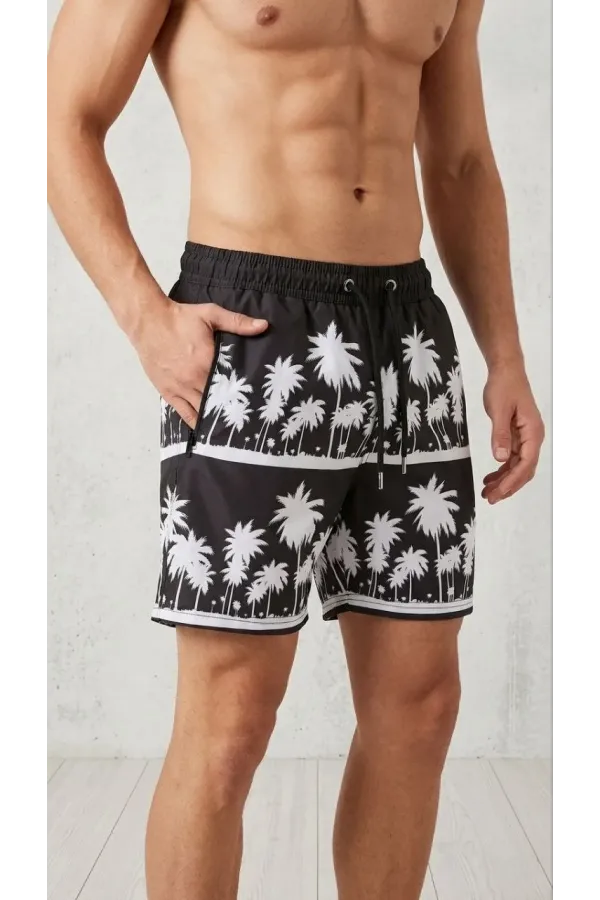 Erkek Deniz Şortu Fermuarlı Cepli File Astarlı Hızlı Kuruyan Premium - Siyah