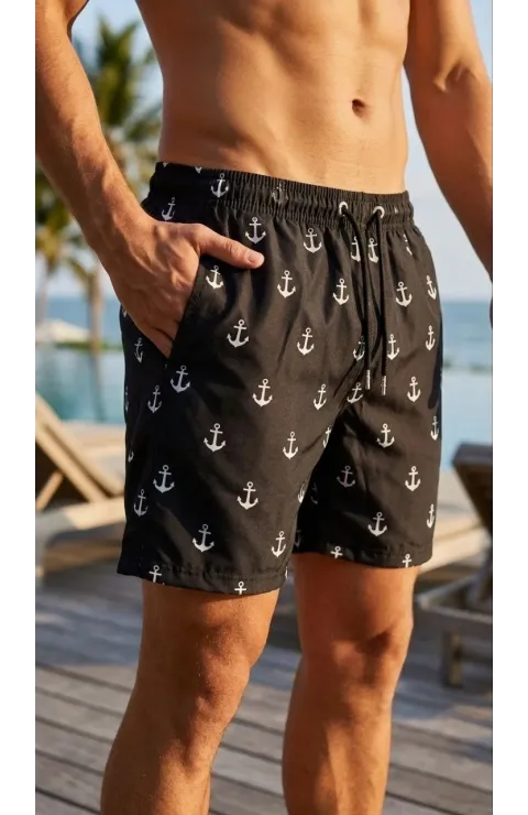 Erkek Deniz Şortu Fermuarlı Cepli File Astarlı Hızlı Kuruyan Premium - Siyah