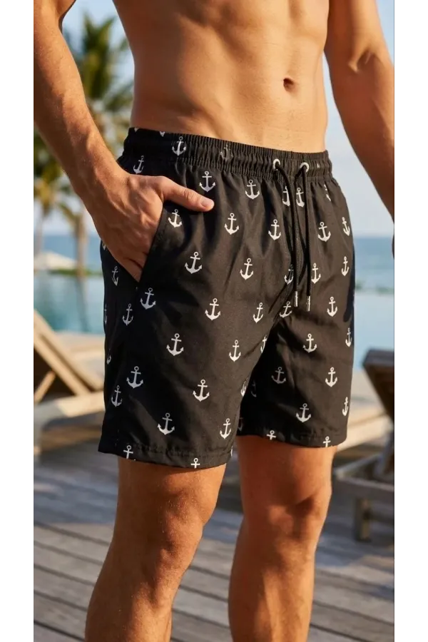 Erkek Deniz Şortu Fermuarlı Cepli File Astarlı Hızlı Kuruyan Premium - Siyah