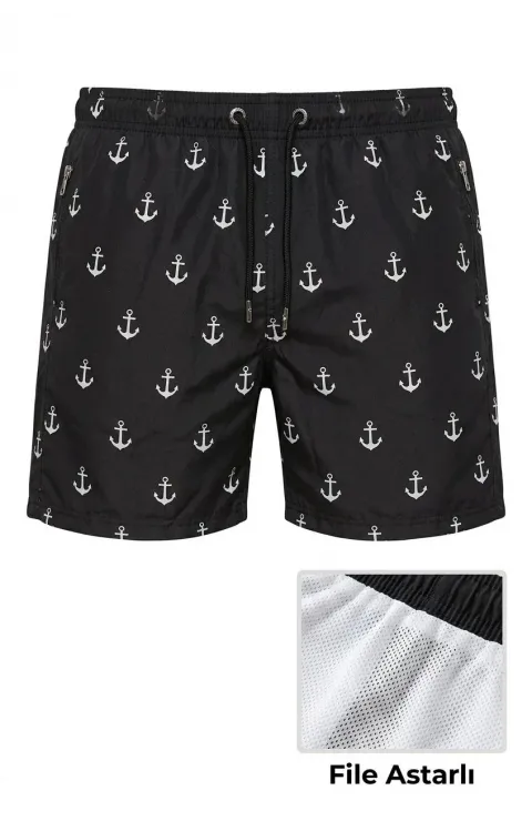 Erkek Deniz Şortu Fermuarlı Cepli File Astarlı Hızlı Kuruyan Premium - Siyah