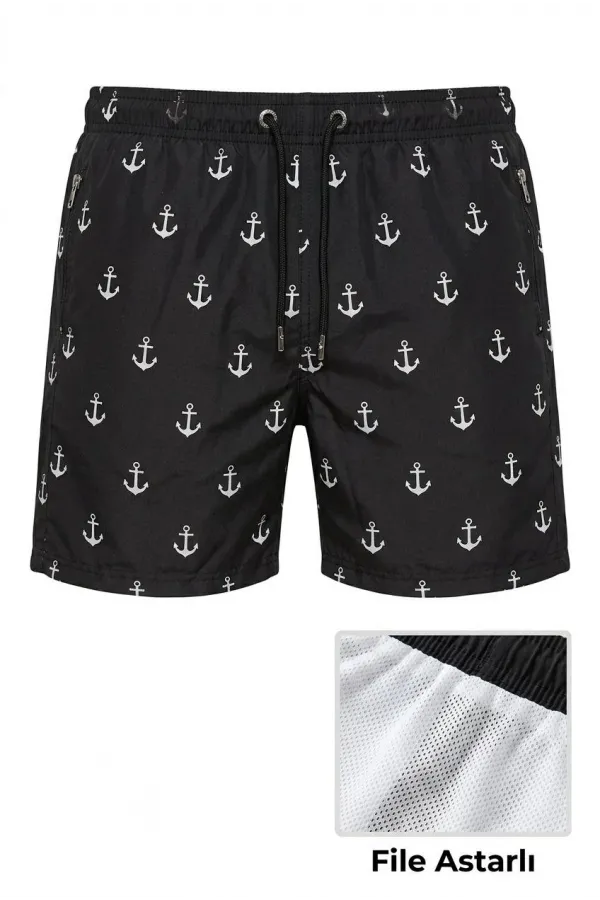 Erkek Deniz Şortu Fermuarlı Cepli File Astarlı Hızlı Kuruyan Premium - Siyah