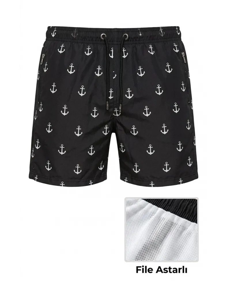 Erkek Deniz Şortu Fermuarlı Cepli File Astarlı Hızlı Kuruyan Premium - Siyah Somersan Giyim | Kadın, Erkek ve Çocuk Moda