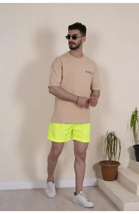 Erkek Deniz Şortu Fermuarlı Cepli File Astarlı - Neon Yeşili