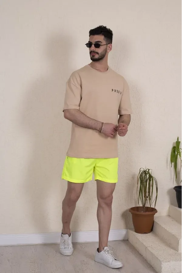Erkek Deniz Şortu Fermuarlı Cepli File Astarlı - Neon Yeşili