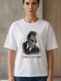 Kadın Atatürk Baskılı Tişört Kısa Kollu Bisiklet Yaka T-Shirt - Beyaz