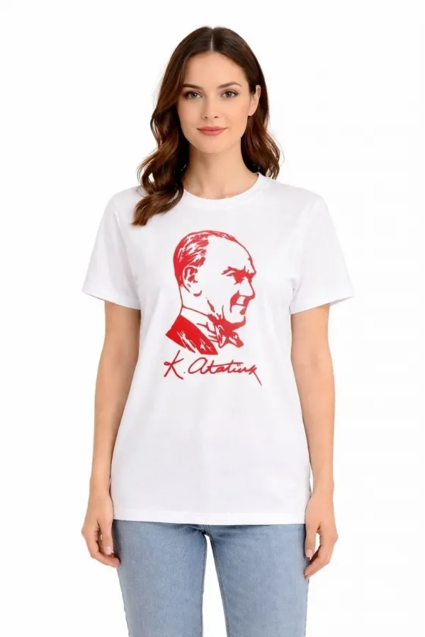 Kadın Atatürk Baskılı Tişört Kısa Kollu Bisiklet Yaka T-Shirt - Beyaz