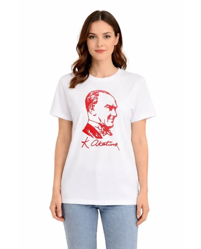 Kadın Atatürk Baskılı Tişört Kısa Kollu Bisiklet Yaka T-Shirt - Beyaz