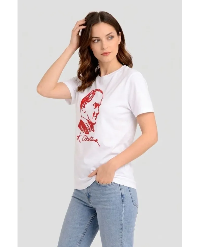 Kadın Atatürk Baskılı Tişört Kısa Kollu Bisiklet Yaka T-Shirt - Beyaz