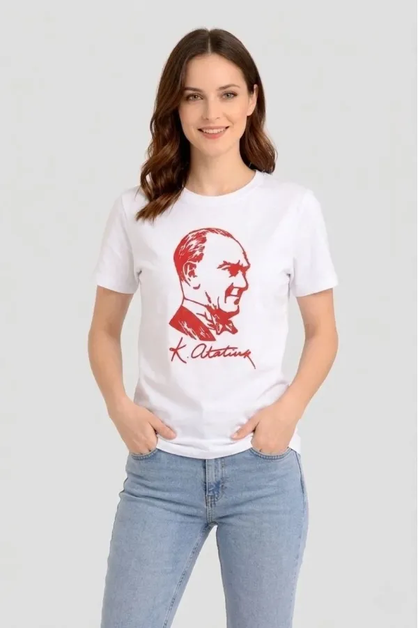 Kadın Atatürk Baskılı Tişört Kısa Kollu Bisiklet Yaka T-Shirt - Beyaz