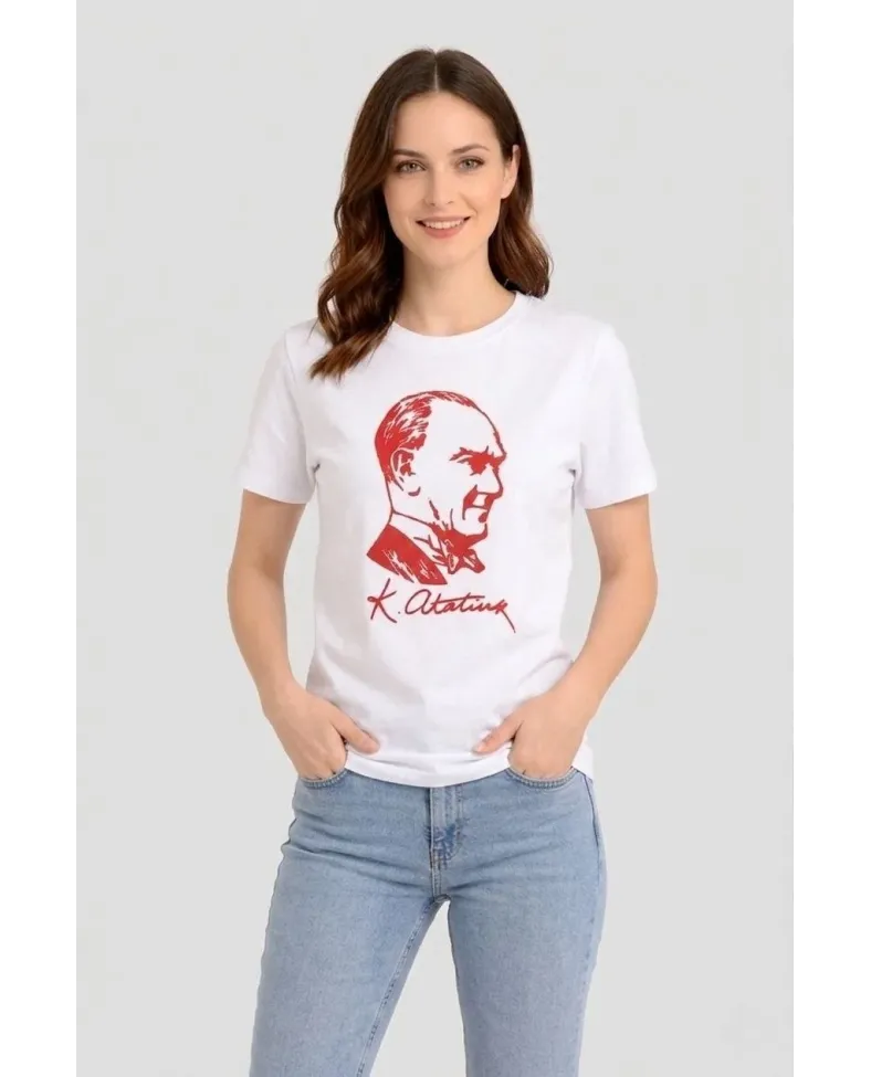 Kadın Atatürk Baskılı Tişört Kısa Kollu Bisiklet Yaka T-Shirt - Beyaz