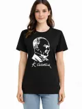 Kadın Atatürk Baskılı Tişört Kısa Kollu Bisiklet Yaka T-Shirt - Siyah