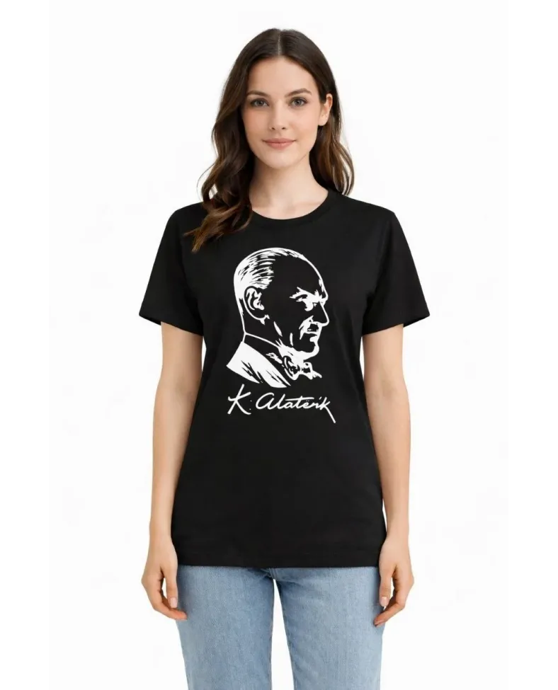 Kadın Atatürk Baskılı Tişört Kısa Kollu Bisiklet Yaka T-Shirt - Siyah