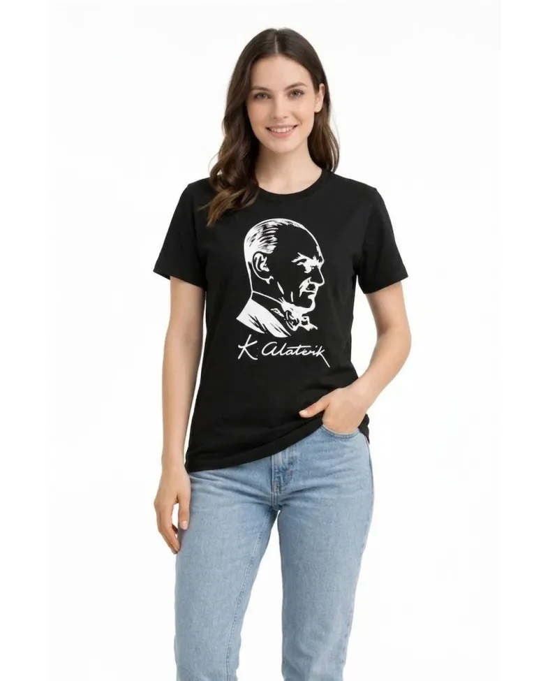 Kadın Atatürk Baskılı Tişört Kısa Kollu Bisiklet Yaka T-Shirt - Siyah