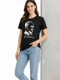 Kadın Atatürk Baskılı Tişört Kısa Kollu Bisiklet Yaka T-Shirt - Siyah