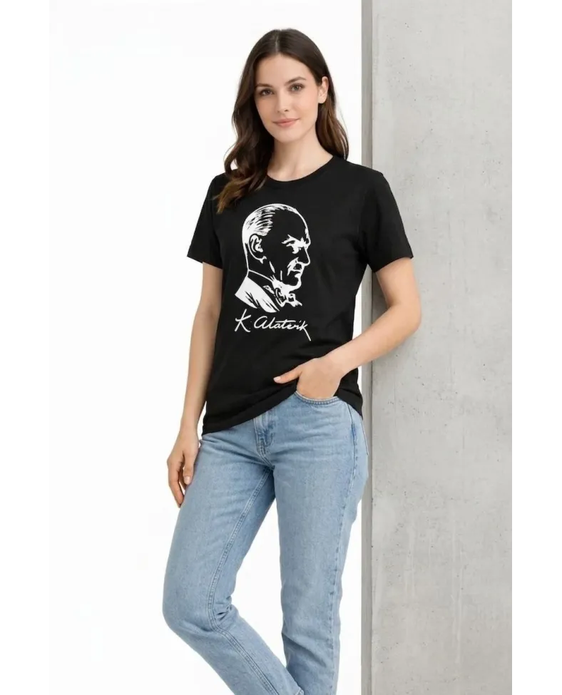 Kadın Atatürk Baskılı Tişört Kısa Kollu Bisiklet Yaka T-Shirt - Siyah