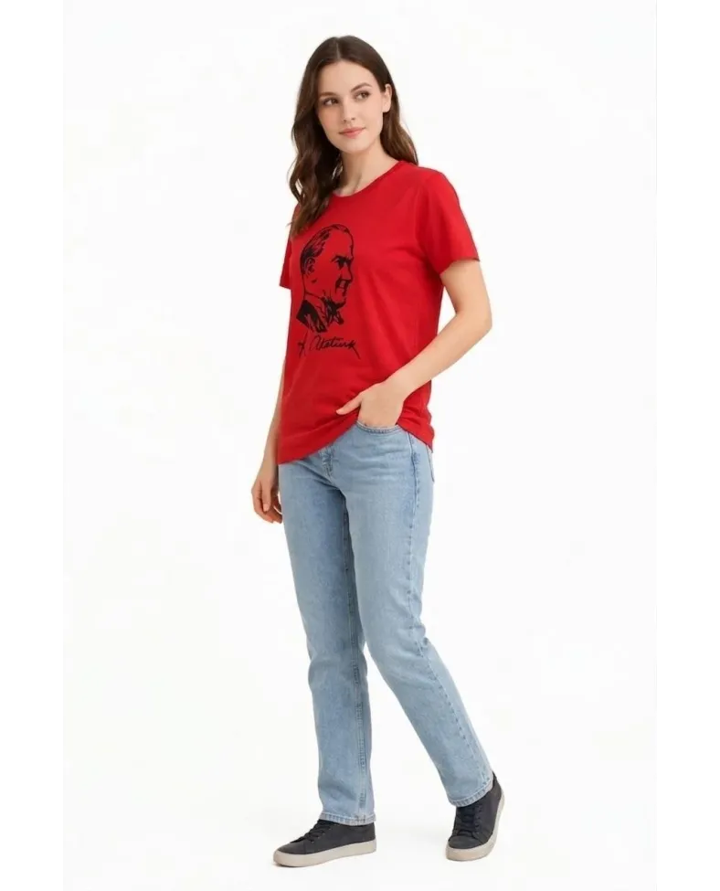 Kadın Atatürk Baskılı Tişört Kısa Kollu Bisiklet Yaka T-Shirt - Kırmızı