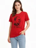 Kadın Atatürk Baskılı Tişört Kısa Kollu Bisiklet Yaka T-Shirt - Kırmızı