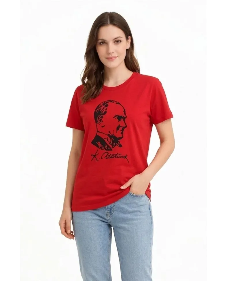 Kadın Atatürk Baskılı Tişört Kısa Kollu Bisiklet Yaka T-Shirt - Kırmızı