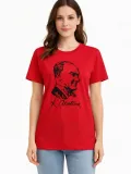 Kadın Atatürk Baskılı Tişört Kısa Kollu Bisiklet Yaka T-Shirt - Kırmızı
