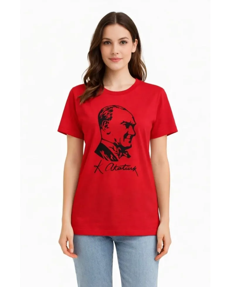 Kadın Atatürk Baskılı Tişört Kısa Kollu Bisiklet Yaka T-Shirt - Kırmızı