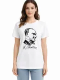 Kadın Atatürk Baskılı Tişört Kısa Kollu Bisiklet Yaka T-Shirt - Beyaz
