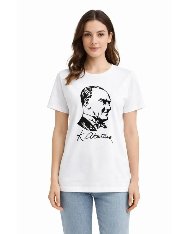 Kadın Atatürk Baskılı Tişört Kısa Kollu Bisiklet Yaka T-Shirt - Beyaz