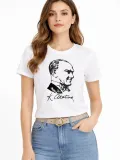 Kadın Atatürk Baskılı Tişört Kısa Kollu Bisiklet Yaka T-Shirt - Beyaz