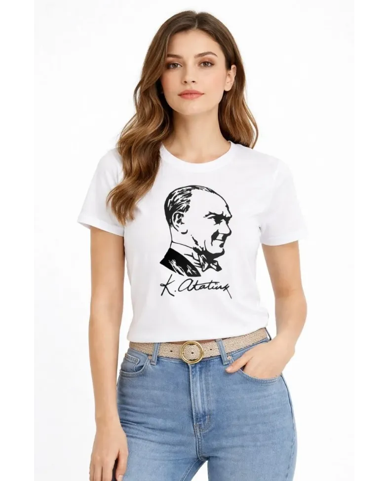 Kadın Atatürk Baskılı Tişört Kısa Kollu Bisiklet Yaka T-Shirt - Beyaz