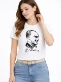Kadın Atatürk Baskılı Tişört Kısa Kollu Bisiklet Yaka T-Shirt - Beyaz