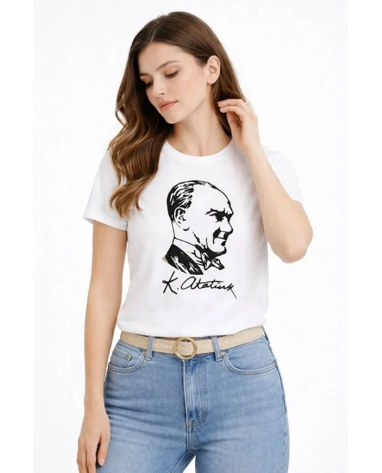 Kadın Atatürk Baskılı Tişört Kısa Kollu Bisiklet Yaka T-Shirt - Beyaz