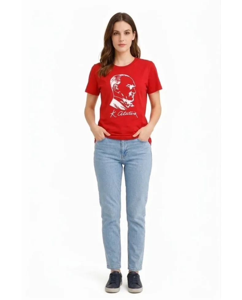 Kadın Atatürk Baskılı Tişört Kısa Kollu Bisiklet Yaka T-Shirt - Kırmızı