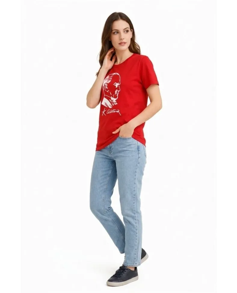 Kadın Atatürk Baskılı Tişört Kısa Kollu Bisiklet Yaka T-Shirt - Kırmızı