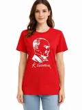 Kadın Atatürk Baskılı Tişört Kısa Kollu Bisiklet Yaka T-Shirt - Kırmızı