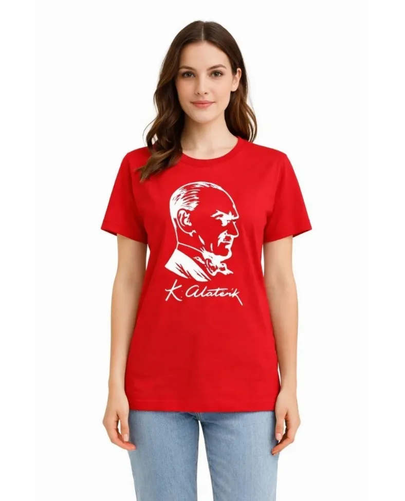 Kadın Atatürk Baskılı Tişört Kısa Kollu Bisiklet Yaka T-Shirt - Kırmızı