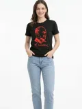 Kadın Atatürk Baskılı Tişört Kısa Kollu Bisiklet Yaka T-Shirt - Siyah