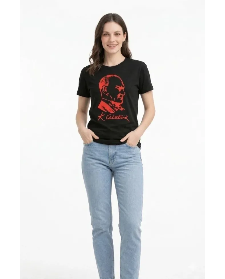 Kadın Atatürk Baskılı Tişört Kısa Kollu Bisiklet Yaka T-Shirt - Siyah