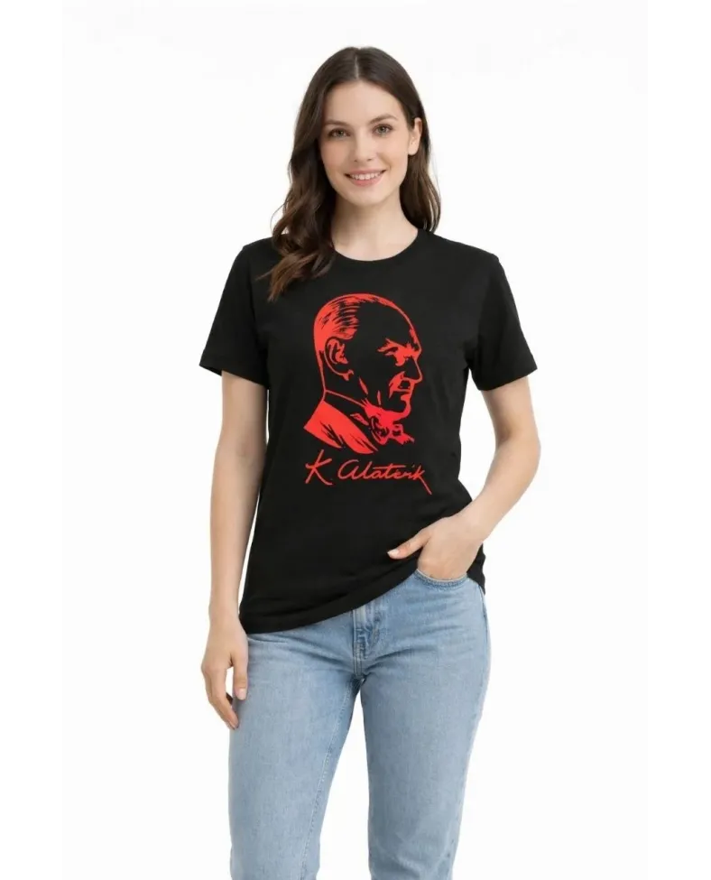 Kadın Atatürk Baskılı Tişört Kısa Kollu Bisiklet Yaka T-Shirt - Siyah