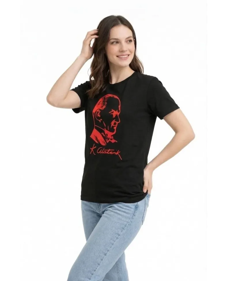 Kadın Atatürk Baskılı Tişört Kısa Kollu Bisiklet Yaka T-Shirt - Siyah