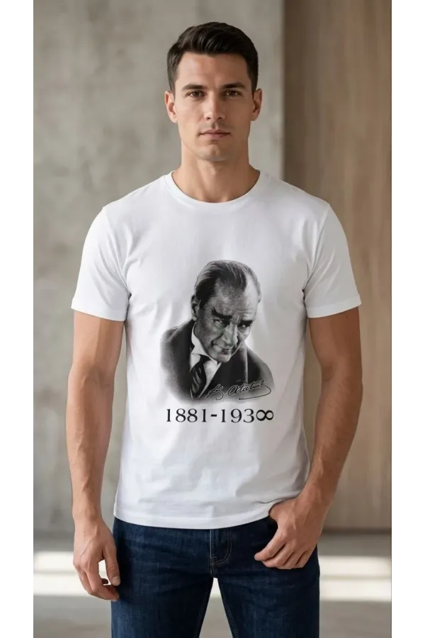 Erkek Atatürk Baskılı Tişört Kısa Kollu Bisiklet Yaka T-Shirt - Beyaz