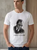 Erkek Atatürk Baskılı Tişört Kısa Kollu Bisiklet Yaka T-Shirt - Beyaz