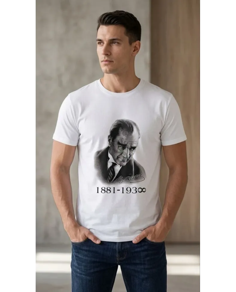 Erkek Atatürk Baskılı Tişört Kısa Kollu Bisiklet Yaka T-Shirt - Beyaz
