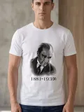 Erkek Atatürk Baskılı Tişört Kısa Kollu Bisiklet Yaka T-Shirt - Beyaz
