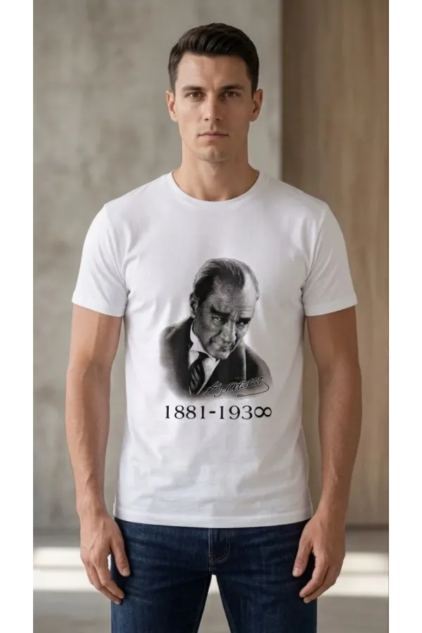 Erkek Atatürk Baskılı Tişört Kısa Kollu Bisiklet Yaka T-Shirt - Beyaz