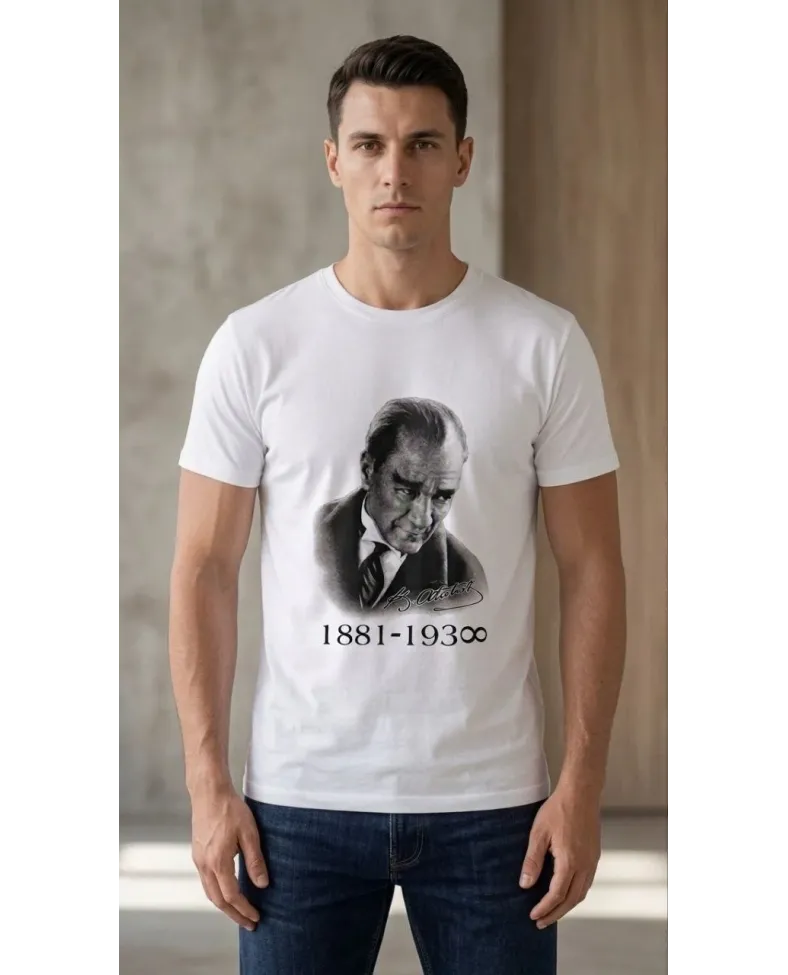 Erkek Atatürk Baskılı Tişört Kısa Kollu Bisiklet Yaka T-Shirt - Beyaz