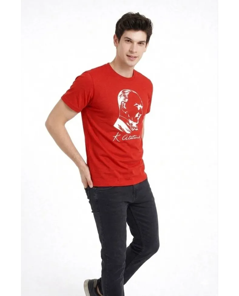 Erkek Atatürk Baskılı Tişört Kısa Kollu Bisiklet Yaka T-Shirt - Kırmızı