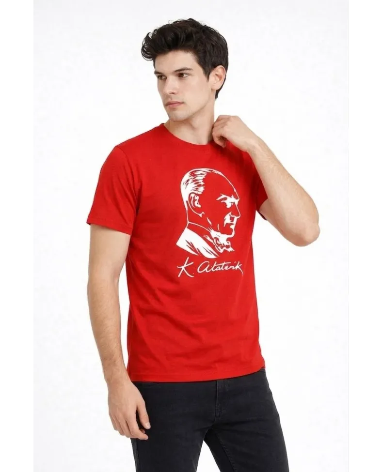 Erkek Atatürk Baskılı Tişört Kısa Kollu Bisiklet Yaka T-Shirt - Kırmızı