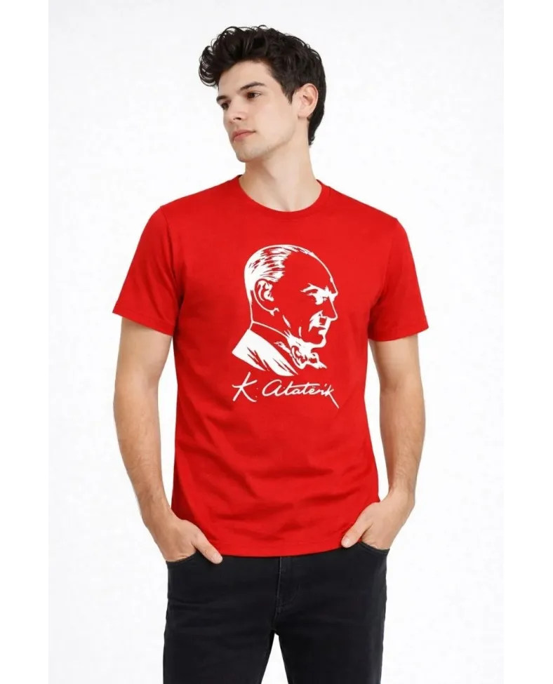Erkek Atatürk Baskılı Tişört Kısa Kollu Bisiklet Yaka T-Shirt - Kırmızı