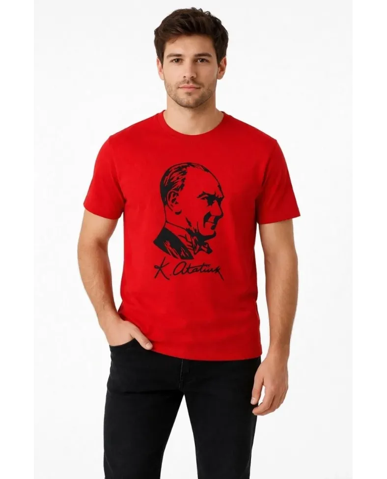 Erkek Atatürk Baskılı Tişört Kısa Kollu Bisiklet Yaka T-Shirt - Kırmızı