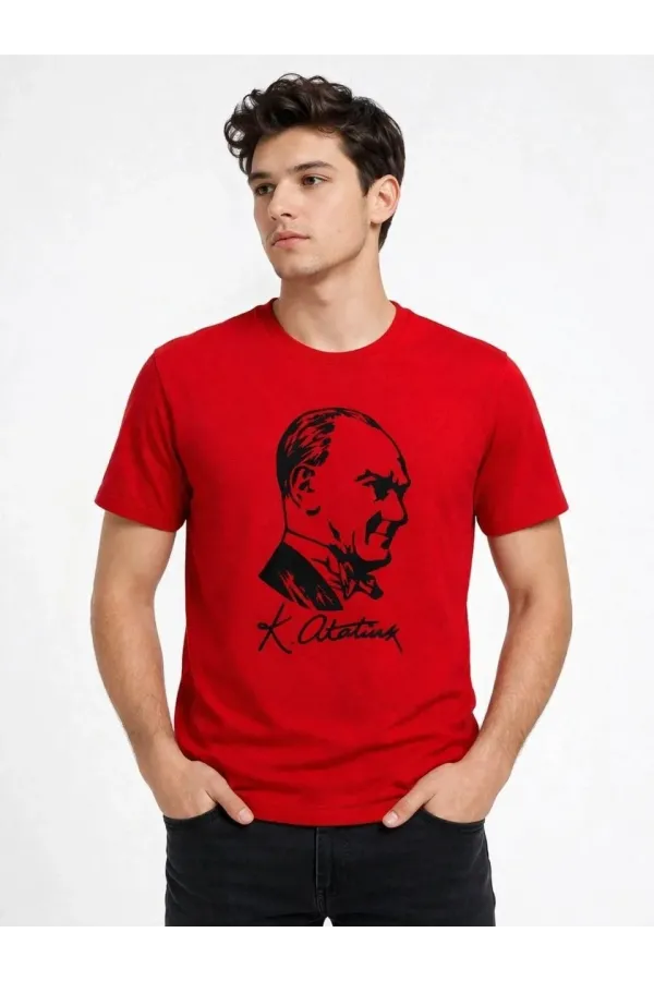 Erkek Atatürk Baskılı Tişört Kısa Kollu Bisiklet Yaka T-Shirt - Kırmızı
